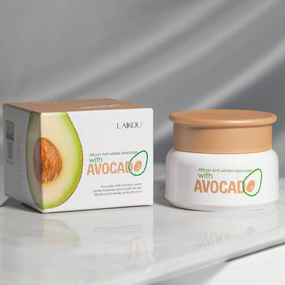 Avocado anti-wrinkle moisturizer cream jar and box on marble surface