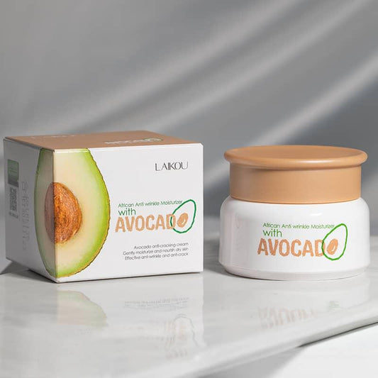 Avocado anti-wrinkle moisturizer cream jar and box on marble surface