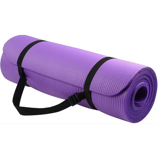 Purple yoga mat with a black strap on a white background