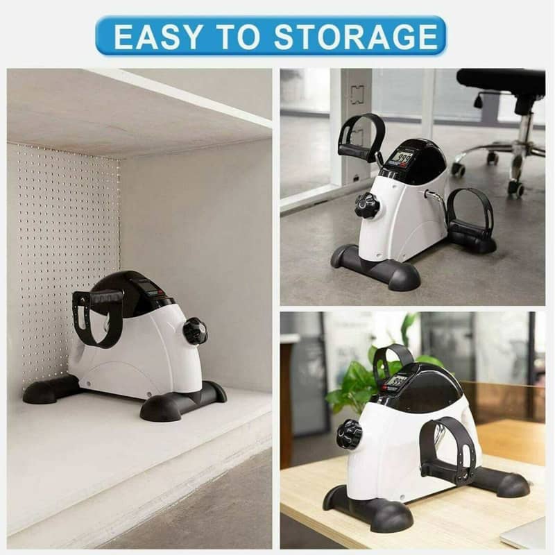 Small exercise bike shown in various storage scenarios with text 'Easy to Storage'.