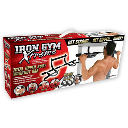 Iron Gym Xtreme total upper body workout bar packaging with pull-up bar and exercise images