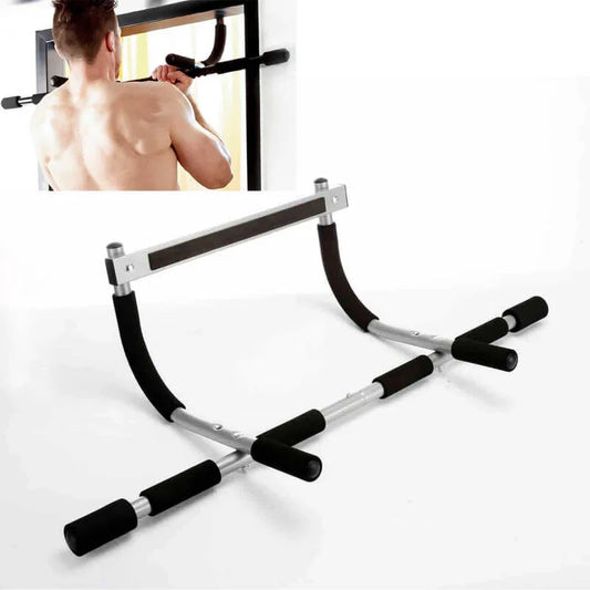 Premium steel pull-up bar with padded grips for home workouts, used for strength training by a man