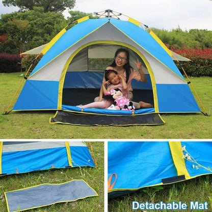 Mother and child sitting inside blue camping tent with detachable mat on grassy lawn, outdoor gear