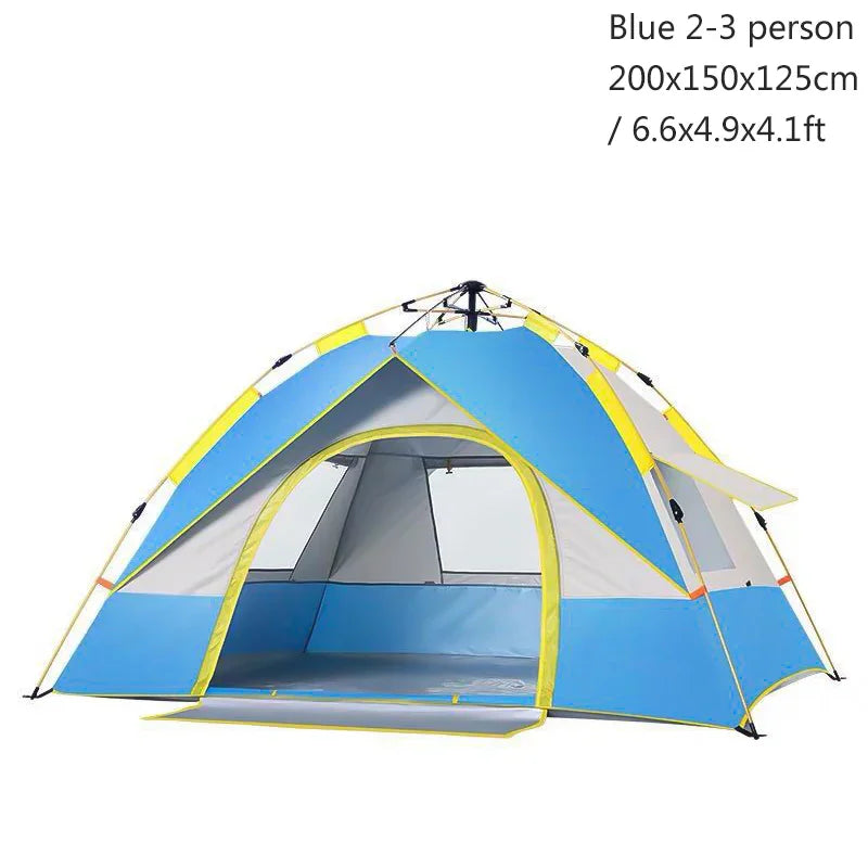 Blue and yellow 2-3 person portable tent with large door, ideal for camping or outdoor use