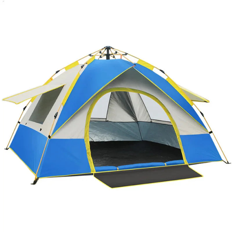Spacious blue and yellow outdoor camping tent with open door and mesh windows