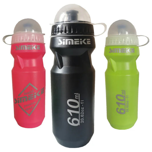 Three 610ml sports water bottles in red, black, and green with secure lids, perfect for fitness.