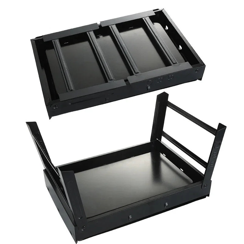 Black adjustable metal fitness equipment stand with foldable support brackets