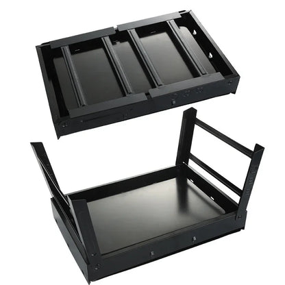 Black adjustable metal fitness equipment stand with foldable support brackets