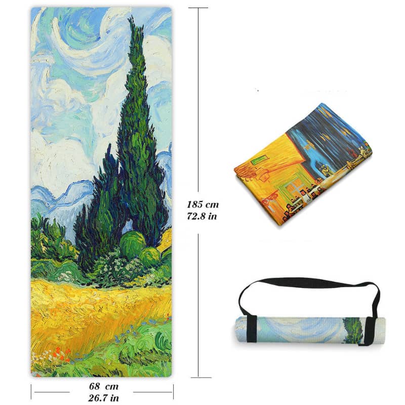 Yoga mat with Van Gogh 'Cypress Tree' design and dimensions displayed