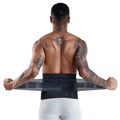 Man wearing a black waist support belt with tattoos on his arms and back.