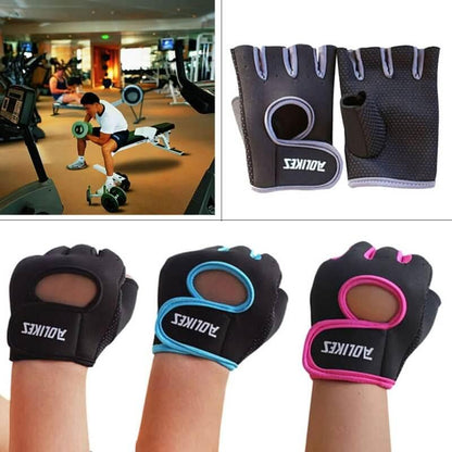 Pair of black gym gloves with brand name on, shown on hands and in gym setting.