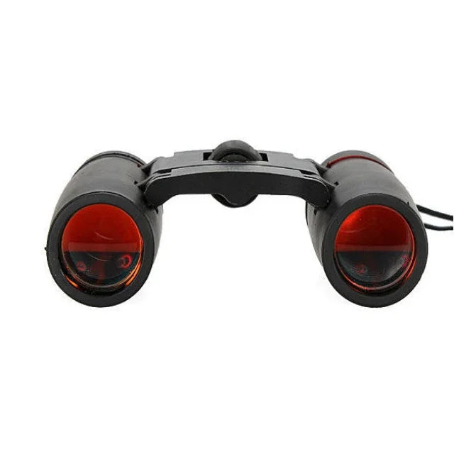 Black binoculars with red lenses on a white background