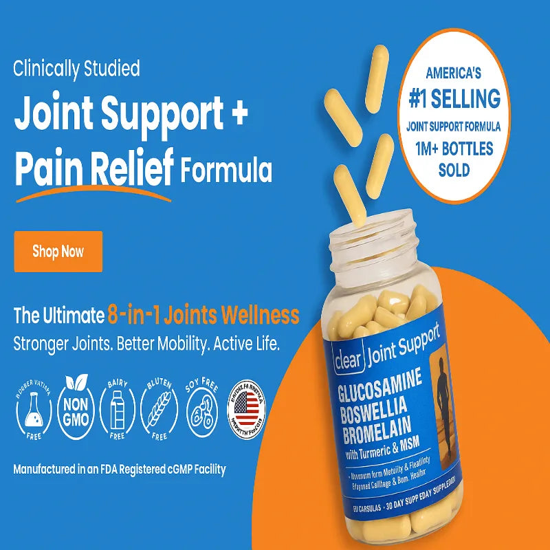Clear Joint Support supplement bottle with capsules on a blue and orange background