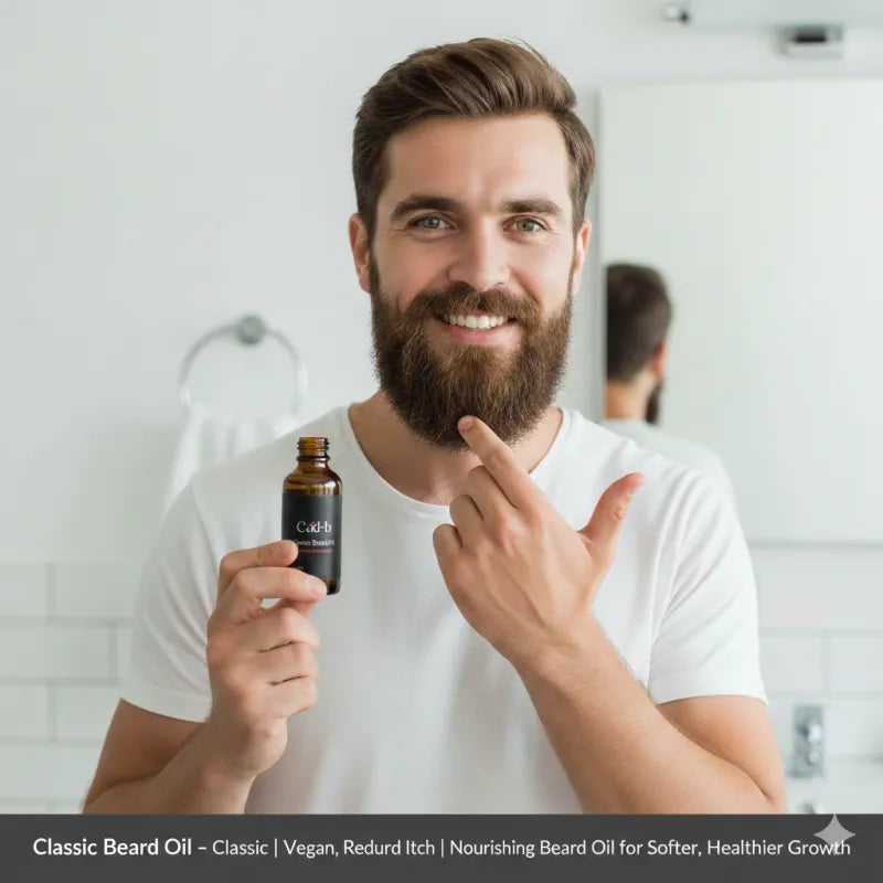 Man holding a bottle of Climb Classic Beard Oil in a bathroom setting
