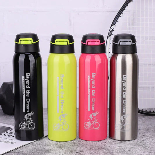 Four sports water bottles in black, yellow, pink, and silver with cyclist graphics.