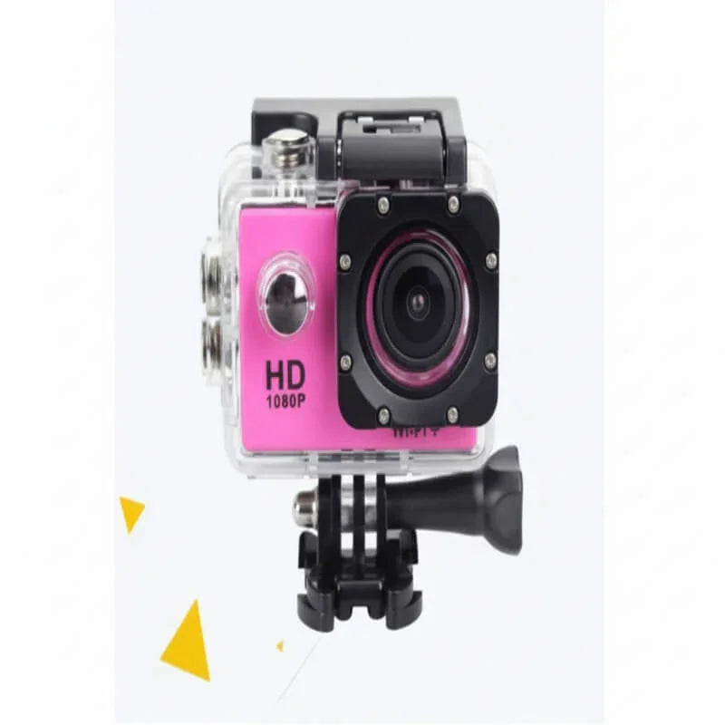 Pink HD 1080P action camera with waterproof case, fitness and outdoor sports accessory