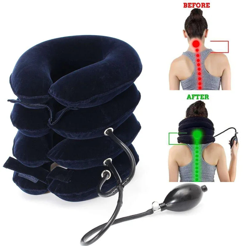 Black inflatable neck traction device with pump; before and after posture improvement images on woman's back