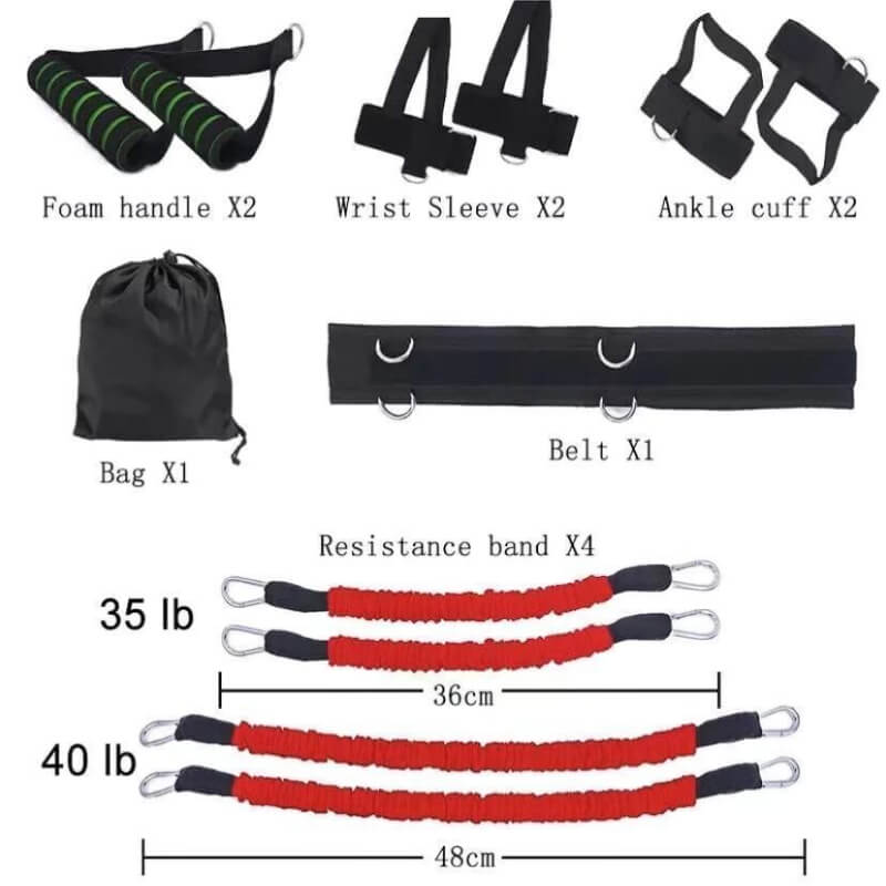 Collection of fitness equipment including foam handles, wrist sleeves, ankle cuffs, a bag, a belt, and resistance bands with measurements.