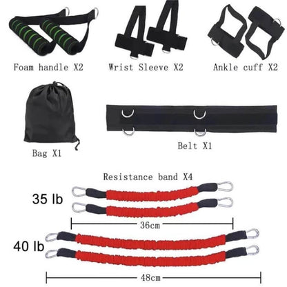 Collection of fitness equipment including foam handles, wrist sleeves, ankle cuffs, a bag, a belt, and resistance bands with measurements.