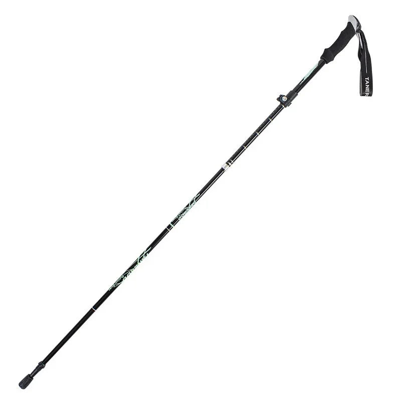 Adjustable black trekking pole with ergonomic grip and wrist strap for hiking and outdoor fitness