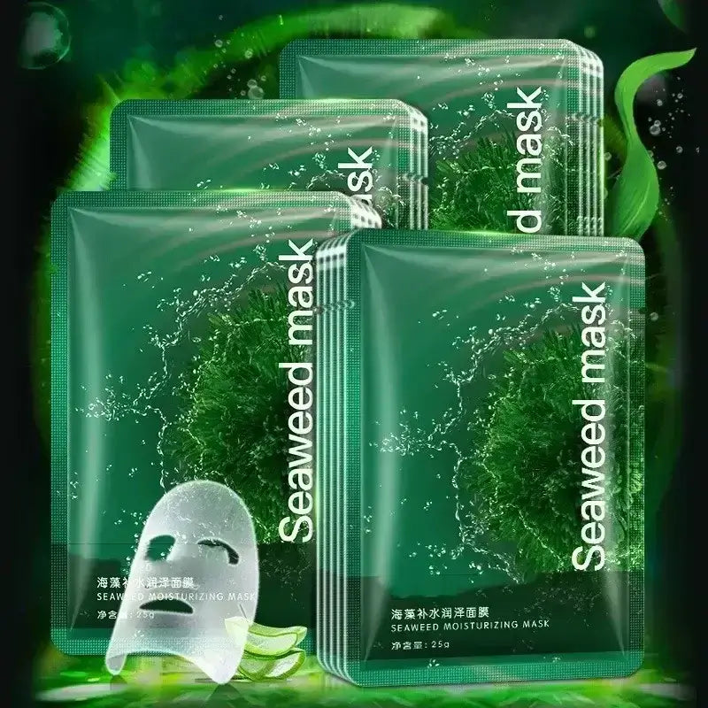 Seaweed moisturizing face mask packets with green packaging and a white sheet mask