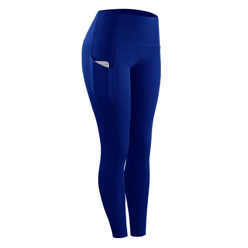 Hi Fitness blue high-waist women's workout leggings with side pocket holding a phone