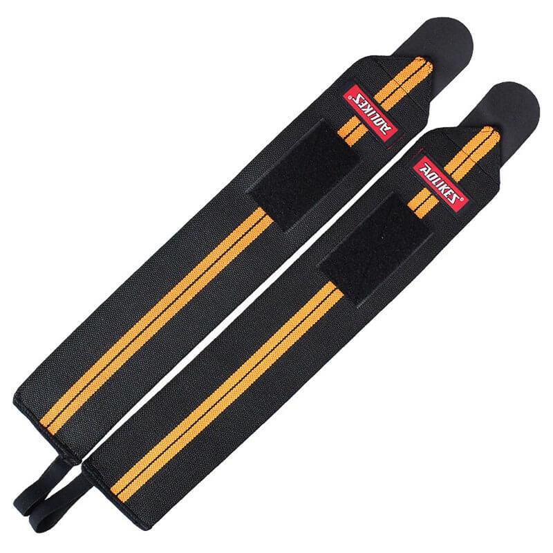 Black straps with yellow stripes and visible brand logo on a white background