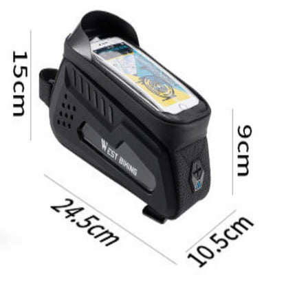 Black motorcycle helmet phone mount with dimensions labeled on a white background