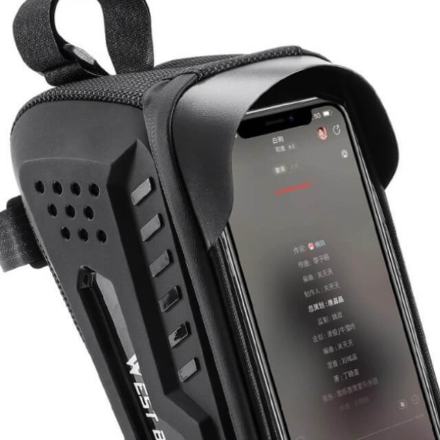 Black phone case with a phone inside, featuring the brand 'West B.'
