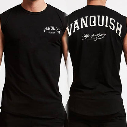 Black sleeveless shirts with 'Vanquish' branding on a white background