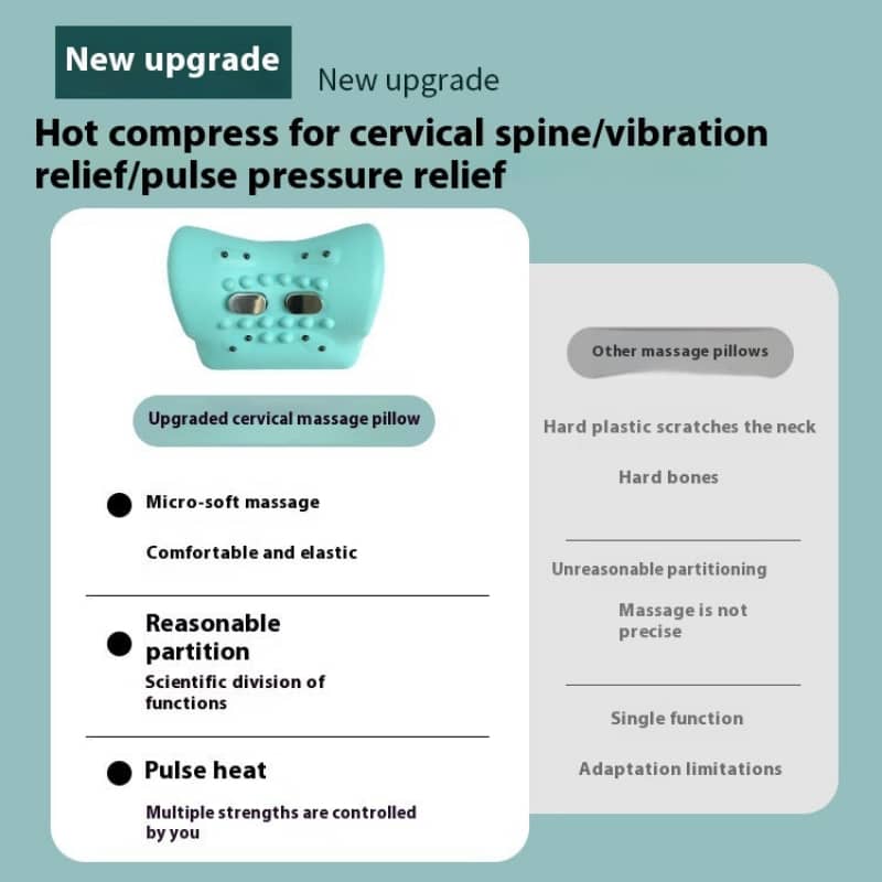 Teal cervical massage pillow with text on a light blue background