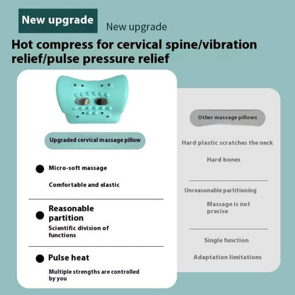 Teal cervical massage pillow with text on a light blue background