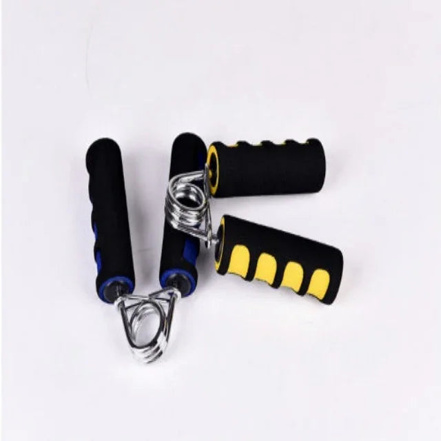 Pair of hand grip strengtheners with black and yellow foam handles for fitness training