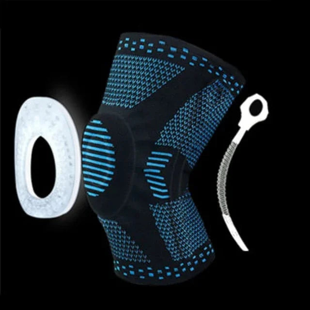 Compression knee brace with blue accents, silicone pad, and spring support on black background
