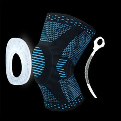 Compression knee brace with blue accents, silicone pad, and spring support on black background