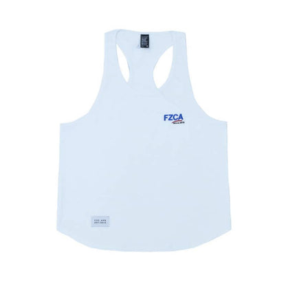 White tank top with 'FZCA' logo on a white background