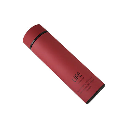 Red LIFE vacuum insulated water bottle for fitness hydration on white background
