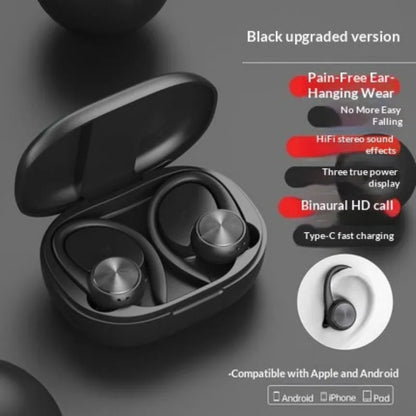Black upgraded version wireless earbuds with charging case on a dark background