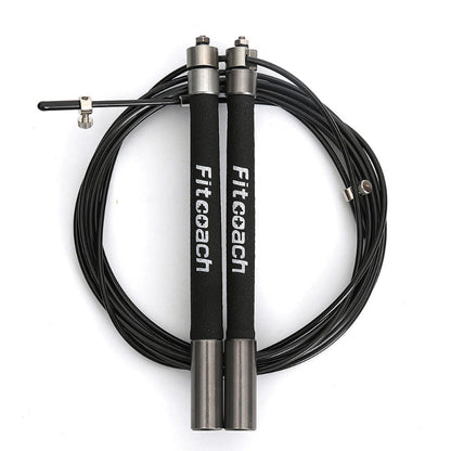 Black and silver跳绳 with 'Fitcoach' branding on a white background