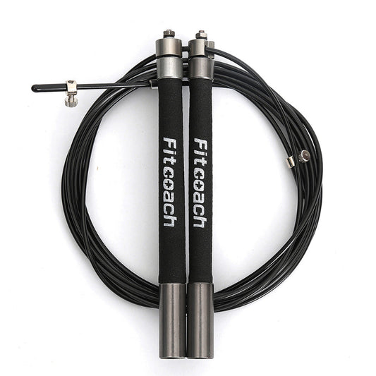 Black and silver跳绳 with 'Fitcoach' branding on a white background