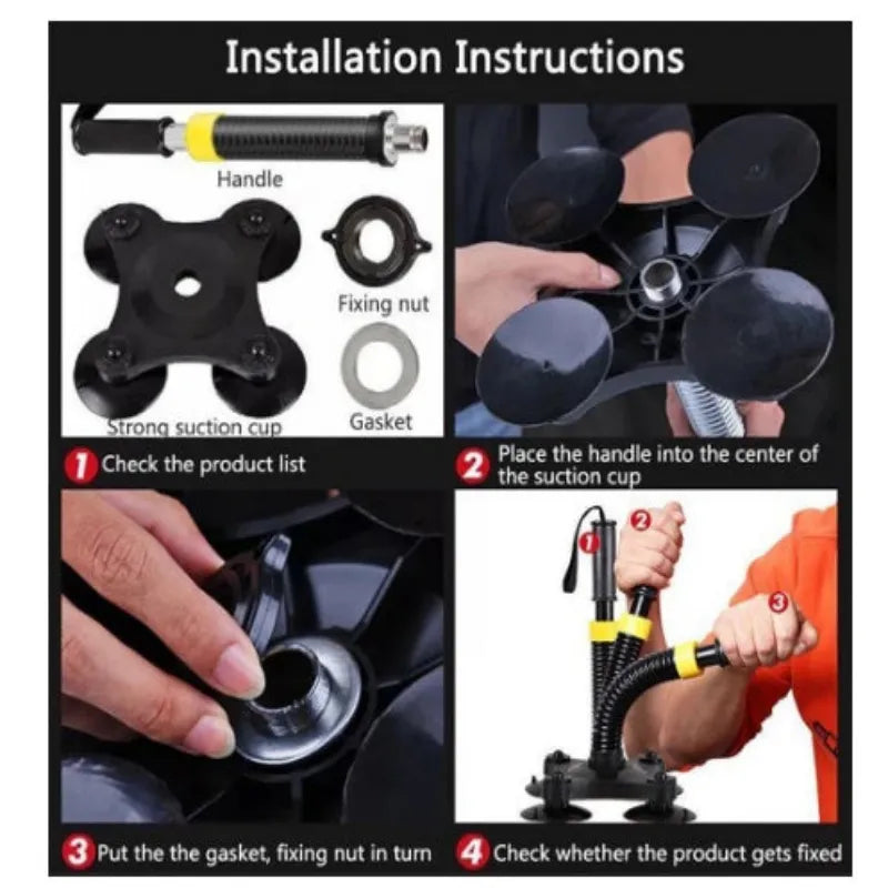 Installation instructions for a black suction cup device with components labeled.