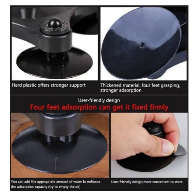 A four-panel product feature collage showing a black suction cup base, close-ups of the mounting hardware, text callouts about thicker material and stronger adsorption, and a hand demonstrating how to apply the suction cup.