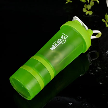 A translucent green shaker bottle with a white carrying loop and the brand name 'HELEMEI' printed in white on the side, resting on a glossy black reflective surface.