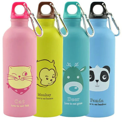 Colorful animal-themed stainless steel water bottles with carabiner clips
