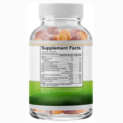 Supplement bottle with colorful gummy bears and supplement facts label on a white background