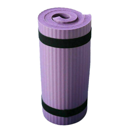 Purple yoga mat with black bands on a white background