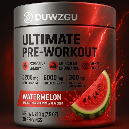 Watermelon flavor ultimate pre-workout supplement jar with energy and endurance benefits