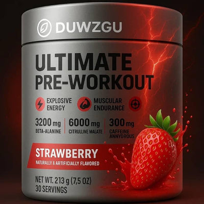Strawberry flavored ultimate pre-workout supplement container with key ingredients listed