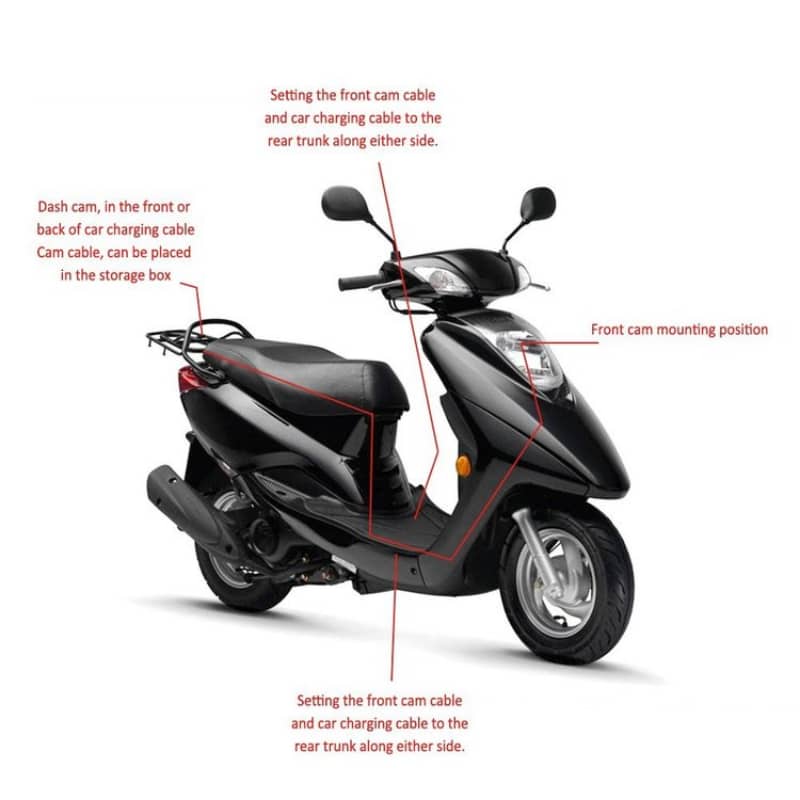 Black scooter with labeled parts on a white background