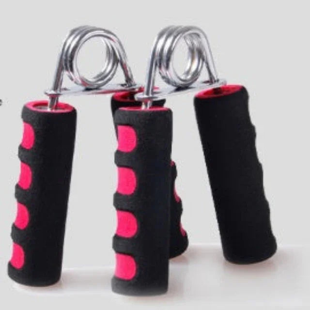 pair of black and red foam grip hand strengtheners with metal springs for fitness training